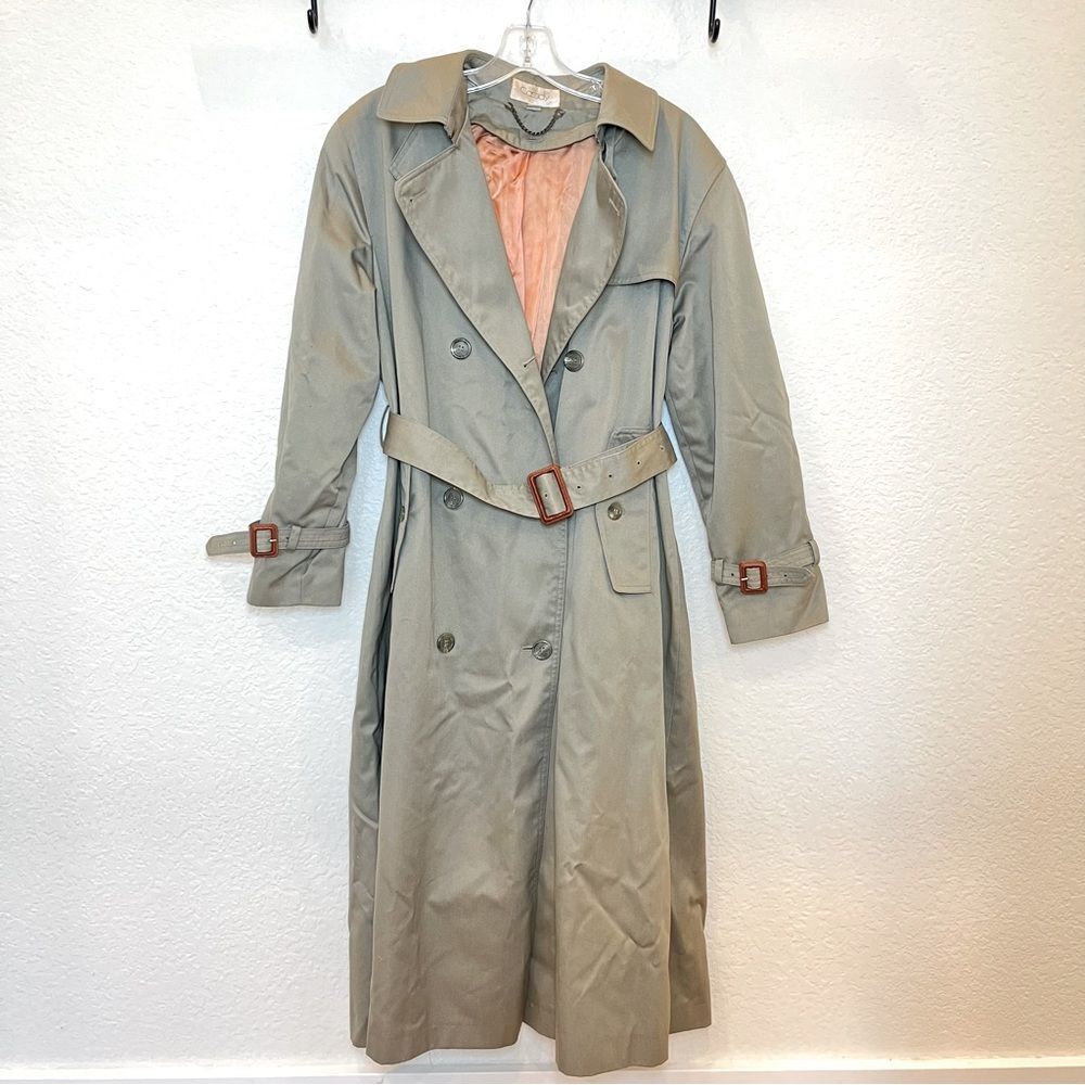 Vintage Cassidy Olive Green Double Breasted Trench Coat with Peach Lining size 8
